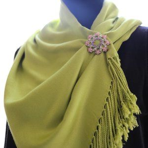 NWT Flora Green Pashmina Scarf & Crystal Brooch